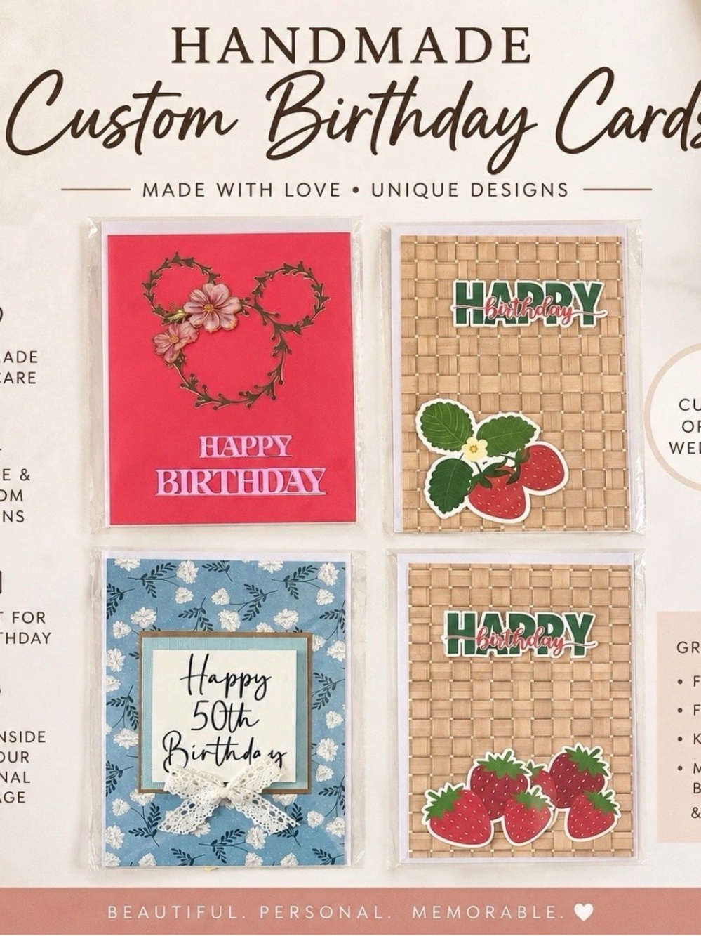 Handmade Birthday Card Set — Pink, Blue, Tan, Red